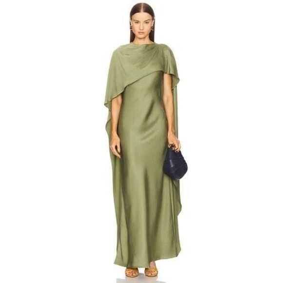 SIMKHAI Womens Izel Boat Neck Satin Draped Cape Gown Olive Green Size 2 - Picture 2 of 11